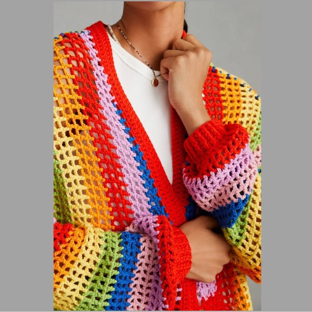 ♦️SOLD♦️Anthropologie Farm Rio Rainbow Crochet Cardigan Sweater Medium NWT - Picture 3 of 15